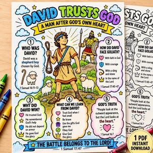 May include: A colorful educational poster titled David Trusts God, featuring a central illustration of David with a sling, sheep, and Goliath. The page includes numbered sections with text about biblical history, lessons, and verses, plus a black and white version.