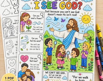 Ausmalbild „Wandel im Glauben“ für Kinder | Warum kann ich Gott nicht sehen? Christliches Ausmalbild | Lektion aus 2. Korinther 5,7 | Fragen über Gott