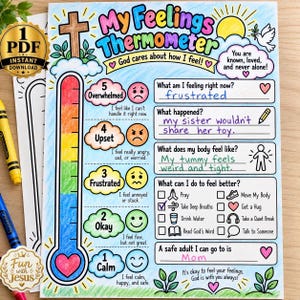Può includere: Un foglio di lavoro colorato My Feelings Thermometer con una scala verticale da 1 a 5, espressioni facciali, nuvole e testo. La pagina include sezioni per scrivere sentimenti, eventi, sensazioni corporee e strategie di gestione delle emozioni.