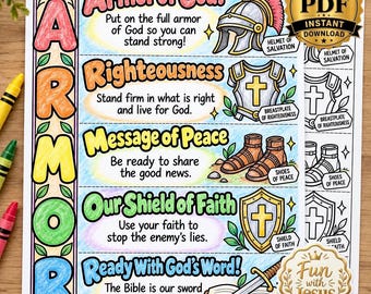 ARMOR of God Christian Acrostic Coloring Page | Armor of God Printable | Sunday School Lesson | Ephesians 6 Study Guide | VBS