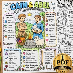 May include: A colourful educational printable featuring the story of Cain and Abel. The page includes illustrations of two brothers, a lamb, and a fire, alongside text sections detailing their story, key verses from Genesis, and moral lessons.