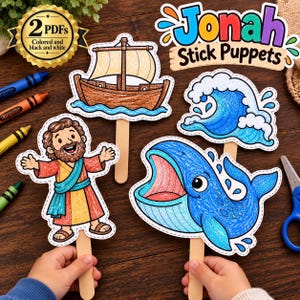 Jonah and the Whale Craft | Printable Bible Story Craft | Sunday School Activity | Jonah and the Whale Stick Puppets