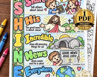 SHINE (Christliches Akrostichon) | Ich leuchte für Jesus | SHINE (Christliches Akrostichon) – Ausmalbild | Verkündige das Evangelium | Lass dein Licht leuchten | Klassenzimmer