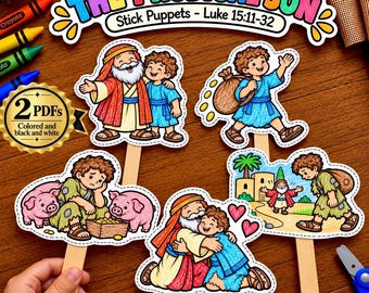 Bastelidee: Der verlorene Sohn | Ausmalbilder für Stabpuppen zum Ausdrucken | Gleichnisse Jesu | Lukas 15,11 | Sonntagsschullektion | Kinderbibelwoche