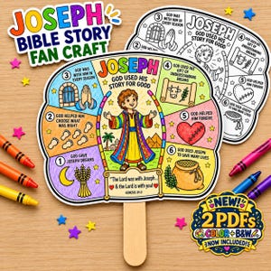 May include: A colorful fan craft depicting the Bible story of Joseph, featuring a central illustration of Joseph in a multi-colored robe, surrounded by six numbered sections detailing his life story with text and icons, plus a black and white version.