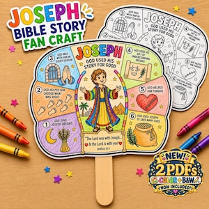 May include: A Joseph Bible story fan craft featuring a colorful, circular paper wheel with six numbered sections depicting scenes from the story, attached to a wooden stick. The design includes text, illustrations of Joseph, and religious motifs.