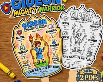 May include: Two Gideon Mighty Warrior paper crafts on sticks. One is coloured with crayons, featuring a boy holding a torch inside a flame shape, with text including Brave, Faithful, Chosen, Obedient, Humble, and Strong in God. The other is black and white.
