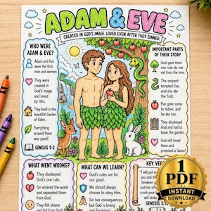 Op de afbeelding: Een kleurrijke educatieve poster getiteld Adam & Eve met illustraties van de twee figuren in een tuin met een slang, een hert en een konijn. De pagina bevat tekstsecties die hun verhaal en de lessen uitleggen met iconen.