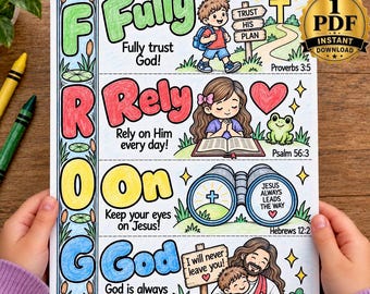 Frosch-Akrostichon-Malvorlage für Kinder | Vollkommen auf Gott vertrauen | Biblische Aktivität zum Ausdrucken | Arbeitsblatt für den Sonntagsschulunterricht