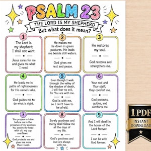 Pode incluir: Uma folha educativa colorida intitulada Psalm 23 The Lord Is My Shepherd But what does it mean? com nove caixas numeradas contendo versículos bíblicos e explicações, decorada com estrelas desenhadas à mão e um emblema de download imediato em PDF.