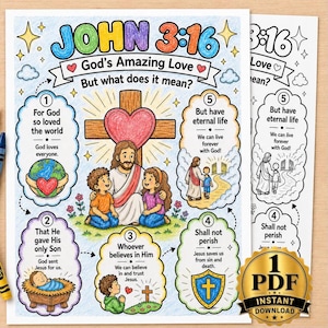 Op de afbeelding: Een kleurrijke educatieve print met Johannes 3:16, voorzien van illustraties van Jezus, kinderen, een kruis en een wereldbol. De tekst bevat God's Amazing Love, But what does it mean? en vijf genummerde stappen die het vers toelichten.