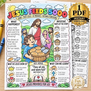 May include: A colourful educational printable sheet titled Jesus Feeds 5000, featuring illustrations of Jesus and a child with a basket of bread and fish. The page includes text sections explaining the story, key verses, and lessons with icons.