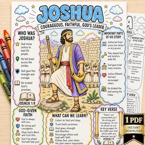May include: A colorful educational activity sheet featuring a central illustration of Joshua holding a staff and horn, surrounded by text boxes detailing his story, key verses, and lessons, with a banner at the top reading JOSHUA COURAGEOUS. FAITHFUL. GOD'S LEADER.