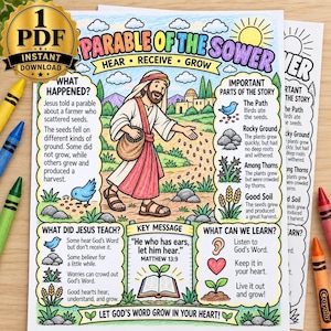 Op de afbeelding: Een kleurrijk educatief printbaar blad getiteld Parable of the Sower met een centrale illustratie van een persoon die zaden zaait. De pagina bevat tekstsecties met uitleg over het verhaal, kernboodschappen en lessen, met een gouden 1 PDF-zegel.