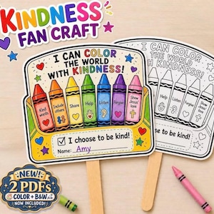 May include: Two paper fan crafts featuring the text I CAN COLOR THE WORLD WITH KINDNESS. One is coloured with seven crayons labelled Kind words, Include others, Share, Help, Listen, Forgive, and Show Jesus' love. The other is a black and white outline.