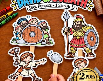 David und Goliath Bastelidee | David und Goliath Stabpuppen zum Ausdrucken | Sonntagsschulaktivität | Bastelidee für die Kinderbibelwoche