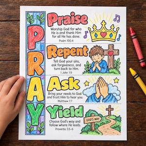 May include: A colourful religious activity sheet titled PRAY with sections for Praise, Repent, Ask, and Yield. Each section features illustrations including a crown, a person praying, hands in prayer, and a path to a cross, with accompanying text.