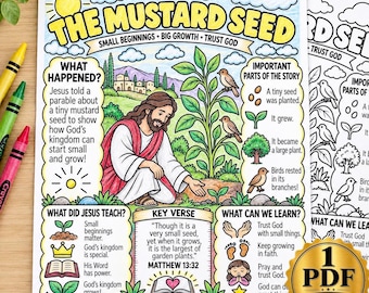 Faith of a Mustard Seed Lesson Printable | Parable  of Mustard Seed | Matthew 17:20 Bible Lesson for Kids | Mustard Seed Coloring Page