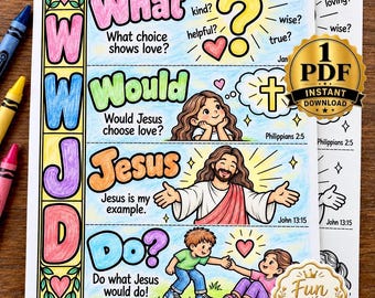 WWJD-Akrostichon zum Ausmalen | Was würde Jesus tun? (Druckvorlage) | Biblische Aktivität für Kinder | Arbeitsblatt für den christlichen Sonntagsschulunterricht