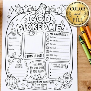 May include: A black and white printable activity sheet featuring a large pumpkin outline with the text GOD PICKED ME! It includes sections for personal details, a photo frame, fall favourites, and religious prompts like THIS FALL, I WILL SHINE FOR JESUS!