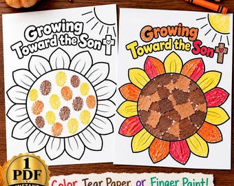 Herbstliche Sonnenblumen-Bastelidee | Bastelidee „Dem Sohn näherkommen“ | Christliche Sonnenblumen-Bastelidee für Kinder | Herbstliche Bastelidee mit Abreißpapier und Fingerfarben