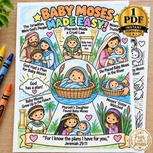 Puede incluir: Una hoja de actividades educativa y colorida titulada Baby Moses Made Easy! que presenta escenas ilustradas de la historia bíblica, incluyendo un bebé en una cesta, el Faraón y varios personajes, con texto descriptivo y el versículo Jeremías 29:11.