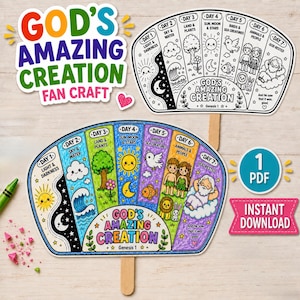 Op de afbeelding: Een waaierknutselwerk getiteld God's Amazing Creation met zeven segmenten die de scheppingsdagen illustreren. Eén versie is zwart-wit, de andere is ingekleurd. Bevat tekstlabels voor elke dag en een 1 PDF instant download badge.