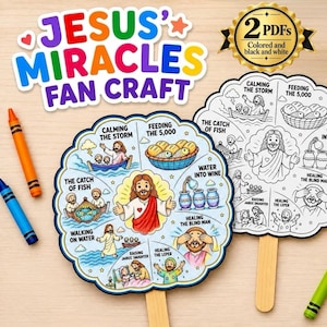 May include: A Jesus Miracles fan craft kit featuring two circular paper templates, one coloured and one black and white, depicting eight biblical scenes. The text reads Jesus Miracles Fan Craft and 2 PDFs Coloured and black and white.