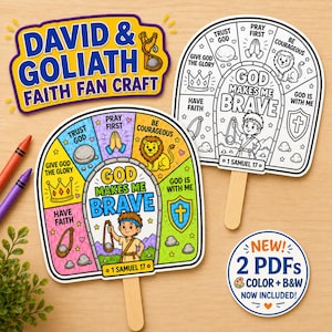 May include: A David & Goliath faith fan craft kit featuring two arched paper fans with wooden handles. One fan is colored, the other is black and white. Both display the text 'God Makes Me Brave' and '1 Samuel 17' with religious illustrations.