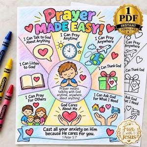 Op de afbeelding: Een kleurrijk educatief werkblad getiteld Prayer Made Easy met een centrale illustratie van een biddend kind. De kaart bevat secties met tekst en tekeningen, waaronder een klok, een wereldbol, een cadeau en een gezin, omringd door kleurpotloden.