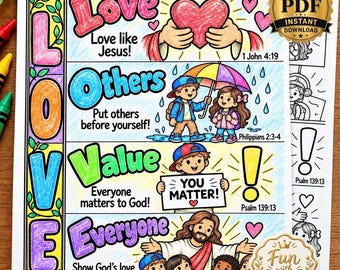 Ausmalbild: Christliches Akrostichon zum Thema Liebe | Aktivität zur Nächstenliebe | Liebeslektion | Sonntagsschule | Homeschooling | Liebe wie Jesus