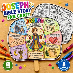 Op de afbeelding: Een kleurrijke papieren waaierknutselwerk over het bijbelverhaal van Jozef, met een centrale illustratie van Jozef in een veelkleurig gewaad, omringd door zes genummerde secties met tekst en tekeningen, inclusief een houten handvat.