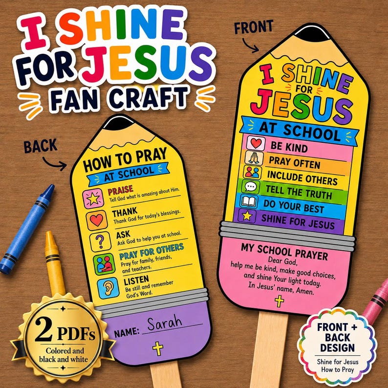 May include: Two pencil-shaped craft templates labeled I SHINE FOR JESUS. One side features a list of school-related virtues and a prayer, while the other side outlines a prayer guide. Includes a blue crayon, a yellow crayon, and a pink crayon.