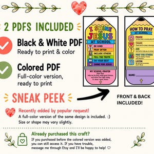 May include: Two printable pencil-shaped bookmarks featuring religious text. One side reads I SHINE FOR JESUS AT SCHOOL with a list of actions, and the other side reads HOW TO PRAY AT SCHOOL with a list of steps and a space for a name at the bottom.