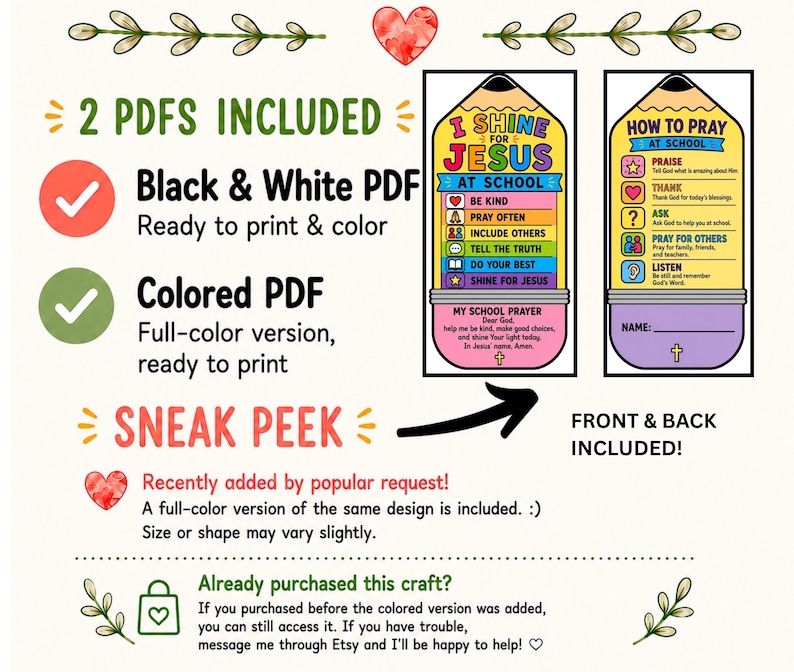 May include: Two printable pencil-shaped bookmarks featuring religious text. One side reads I SHINE FOR JESUS AT SCHOOL with a list of actions, and the other side reads HOW TO PRAY AT SCHOOL with a list of steps and a space for a name at the bottom.