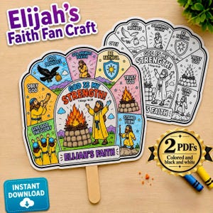 Peut inclure: Un éventail en papier intitulé Elijah's Faith présentant une illustration centrale d'une personne près d'un feu avec le texte God Is My Strength 1 Kings 18:39. L'objet inclut des sections avec des images religieuses et le texte Obey God et Trust God.