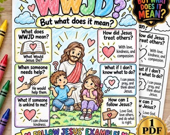 Ausmalbild „Was würde Jesus tun?“ für Kinder | Druckvorlage | Arbeitsblatt für den christlichen Bibelunterricht | Aktivität für den Sonntagsschulunterricht