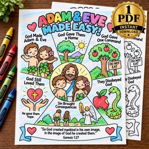 May include: A colorful educational printable sheet titled Adam & Eve Made Easy! featuring illustrated scenes of the biblical story, including Adam, Eve, a tree with apples, a snake, and an angel, with text captions and a gold download badge.