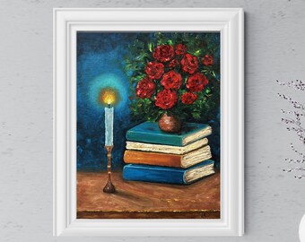 Birth flower bouquet gift. Book ish original impasto oil painting of bookstack and roses. Booklover gifts for her.