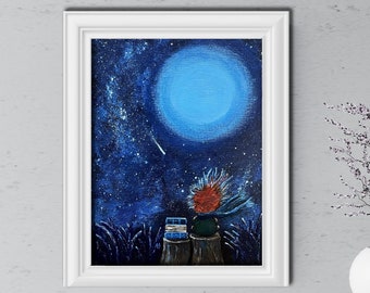 Book lover landscape. Original painting on canvas of a reading girl or boy against a bright blue moon. Acrylic on 9x12 inch canvas panel.