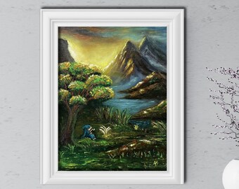 Handmade original oil painting for book lovers. Bold colorful wall art of a child reading in a serene nature setting.