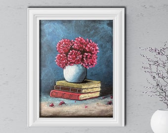 Peonies painting with bookstack. Original painting on canvas impasto style. Acrylic on 9x12 inch canvas panel. Bookish gifts. Birth flowers.