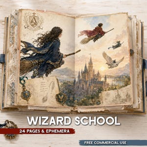 Puede incluir: Un libro abierto con una ilustración de una persona volando en una escoba hacia un gran castillo, con otras figuras en escobas y un búho en el cielo. Las páginas incluyen un escudo con el texto Ad Astra Discimus y notas escritas a mano.