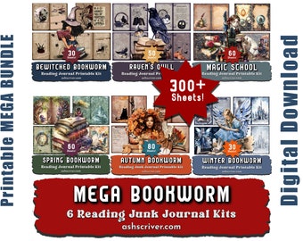 MEGA journal bundle, 300+ junk journal downloadable pages! Book review journal kits with book ish fantasy and nature aesthetics.