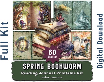 Spring Bookworm Book Review Journal Kit. Printable junk journal half pages. Book review pages, reading planners, logs, trackers, ephemera.