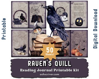 Raven's Quill Printable Reading Planner Junk Journal. Reading logs, trackers, book reviews, TBR, goals, book bingo reading challenge pages.