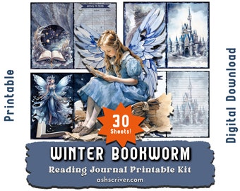 Winter Bookworm: Bookstack themed printable junk journal half pages and ephemera for a reading journal. DIY gift for book lovers.