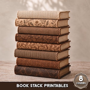 May include: A vertical stack of eight books with varied textured covers in shades of beige, tan, and brown. The spines feature patterns including floral motifs, herringbone, and solid weaves. Text at the bottom reads: 8 COVERS BOOK STACK PRINTABLES.