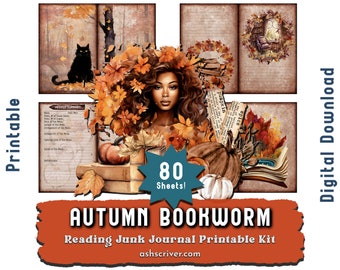 Autumn book tracker journal. Printable junk journal half pages, reading journal pages and ephemera. DIY gifts for readers, book lovers.