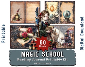 Magic School Book Journal Kit. Printable junk journal half pages of dark academia bookish aesthetic. Reading planners, trackers and ephemera